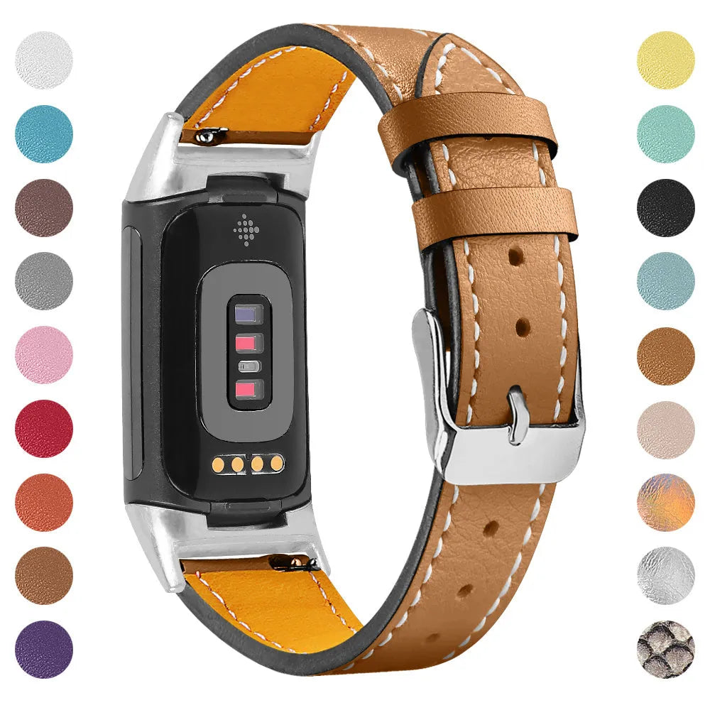Genuine leather strap for Fitbit Charge 5 and Charge 6 smartwatch in multiple colour options.