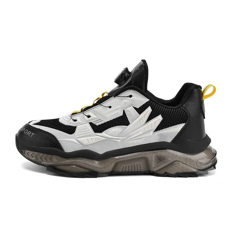Men's black casual shoes with rotating button fastening and elevator platform soles