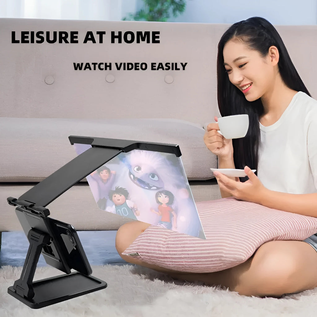 Black folding mobile phone screen amplifier with detachable holder showing 12-inch curved display