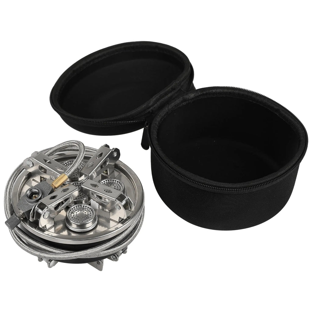 Silver folding stainless steel split camping stove with copper fittings and extended hose