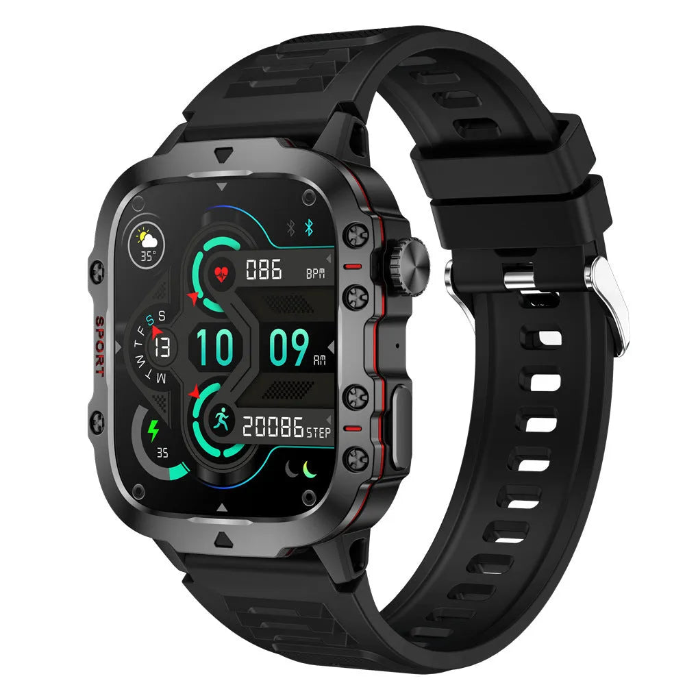 QX11 smartwatch with zinc alloy case on black silicone strap showing touch screen display