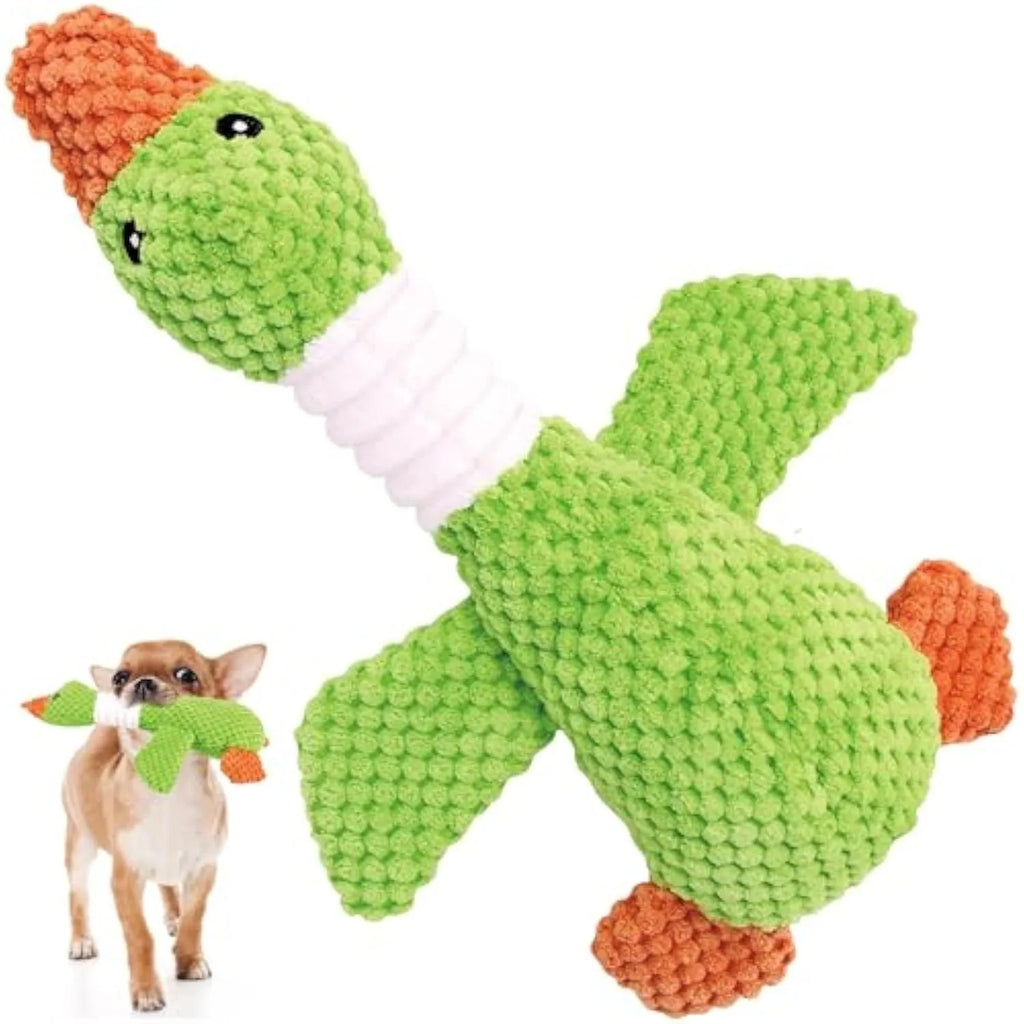 Blue duck-shaped plush dog toy with dual squeakers measuring 33cm long