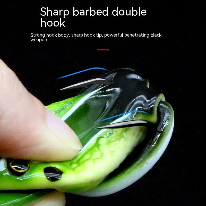 Bionic thunder frog snake head Luya fishing lure with double hooks and frog legs in grass green colour