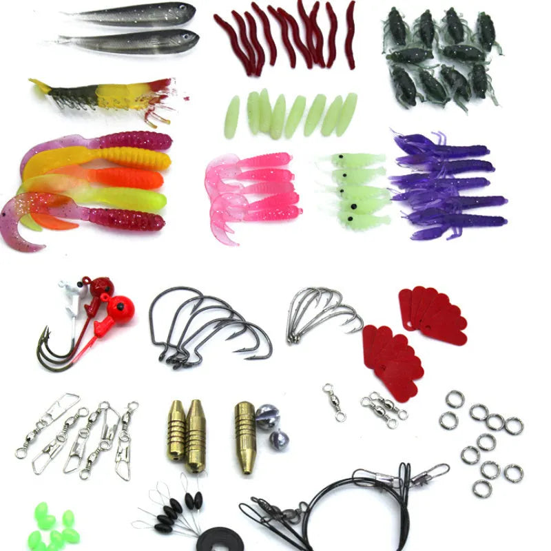 132-piece fishing lure set with soft baits and high carbon steel hooks in rose red treasure colour