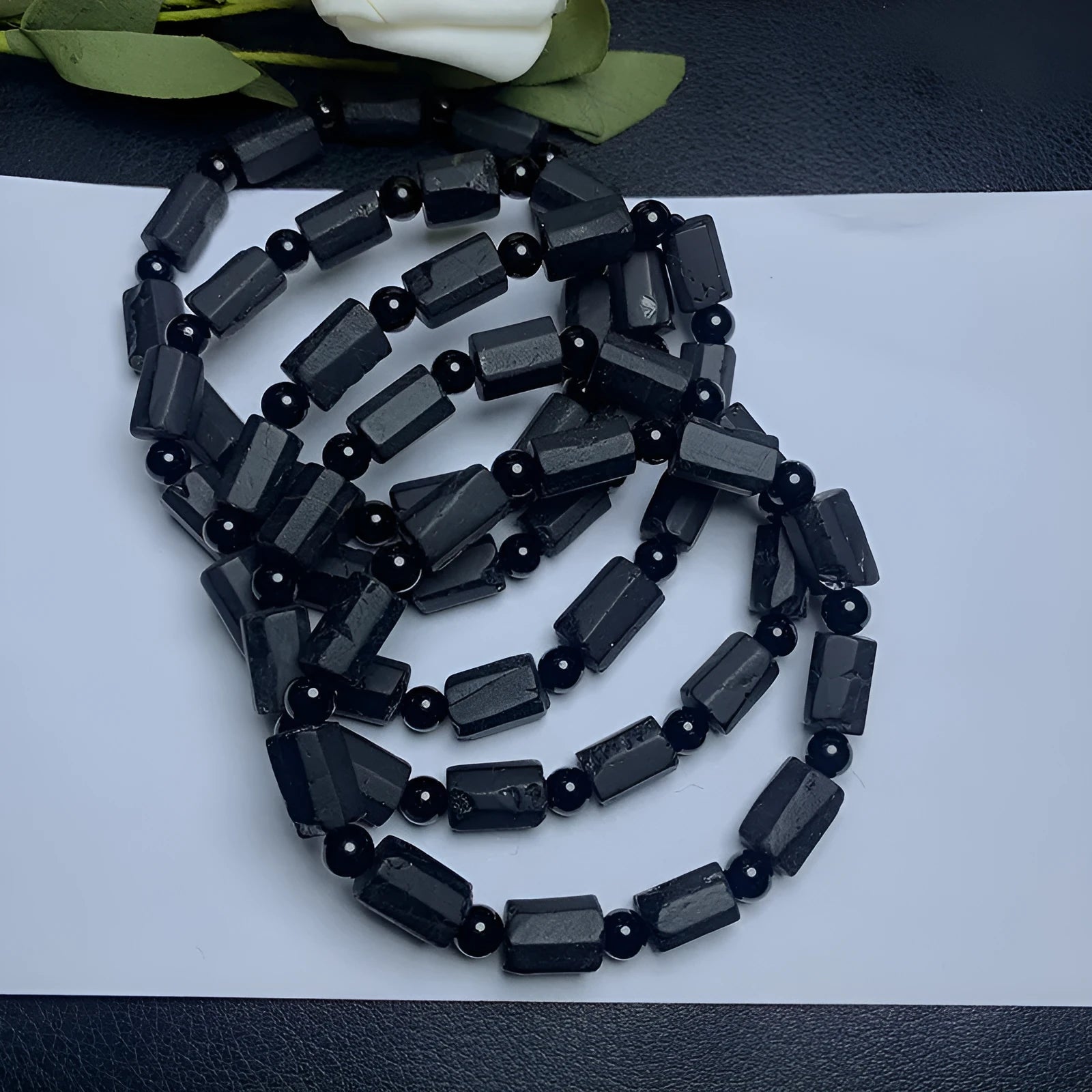 Natural black tourmaline rough stone bracelet with 9mm beads unisex design