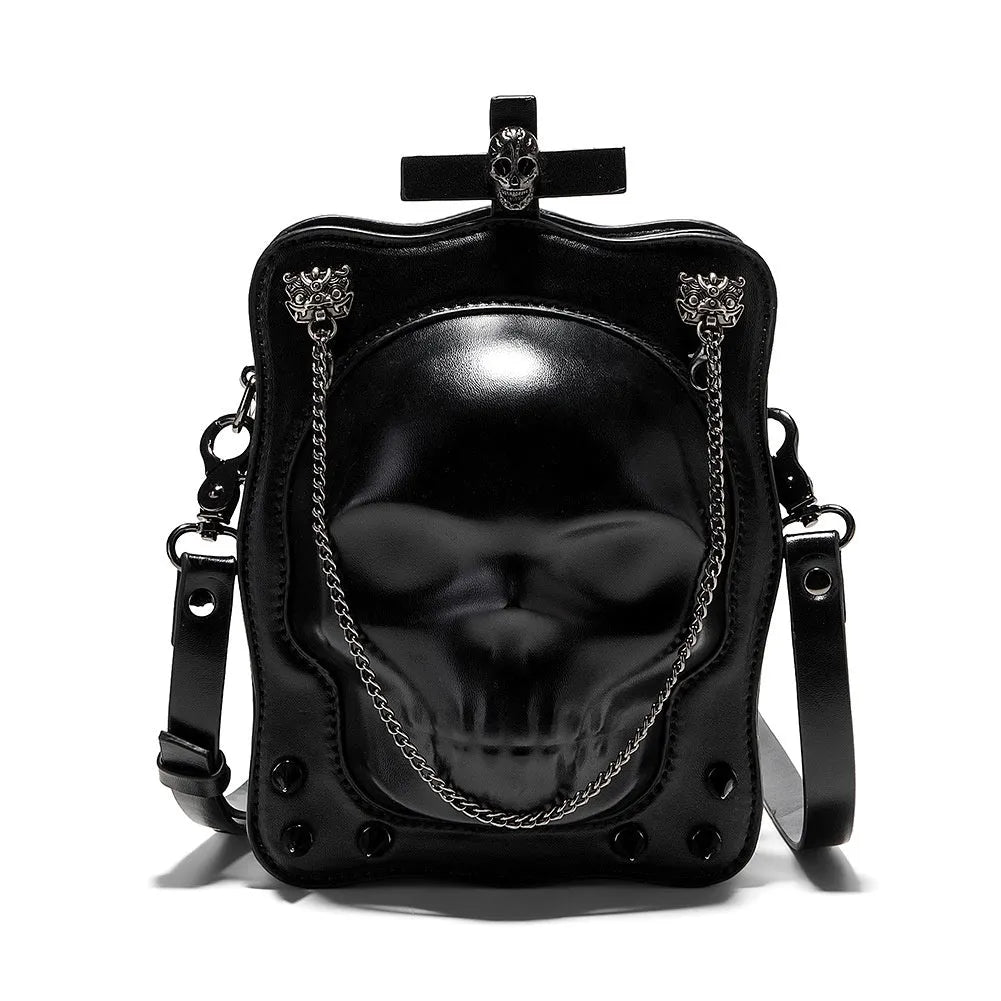 Black mini square crossbody bag with Halloween skull design, chain strap, and Gothic stitching details