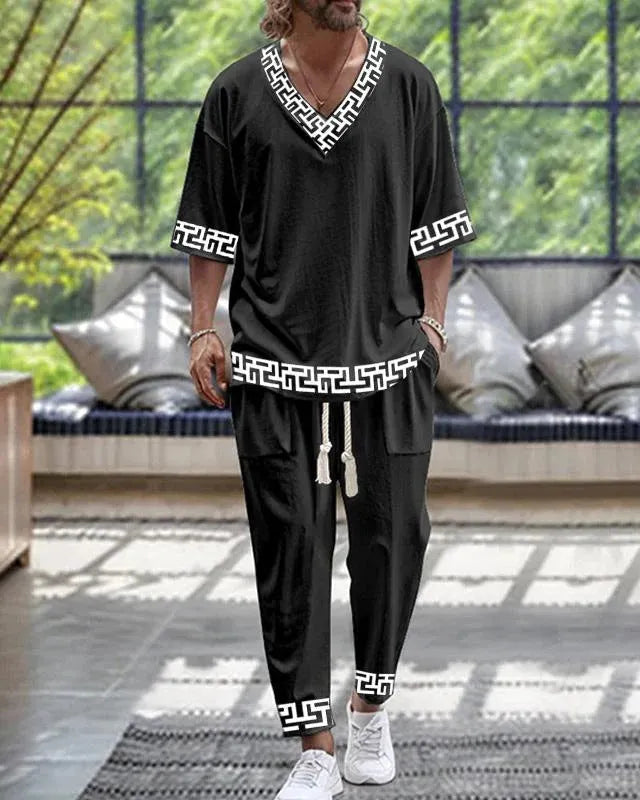 Cropped sleeve V-neck jacket and matching trousers suit set in thin polyester fabric