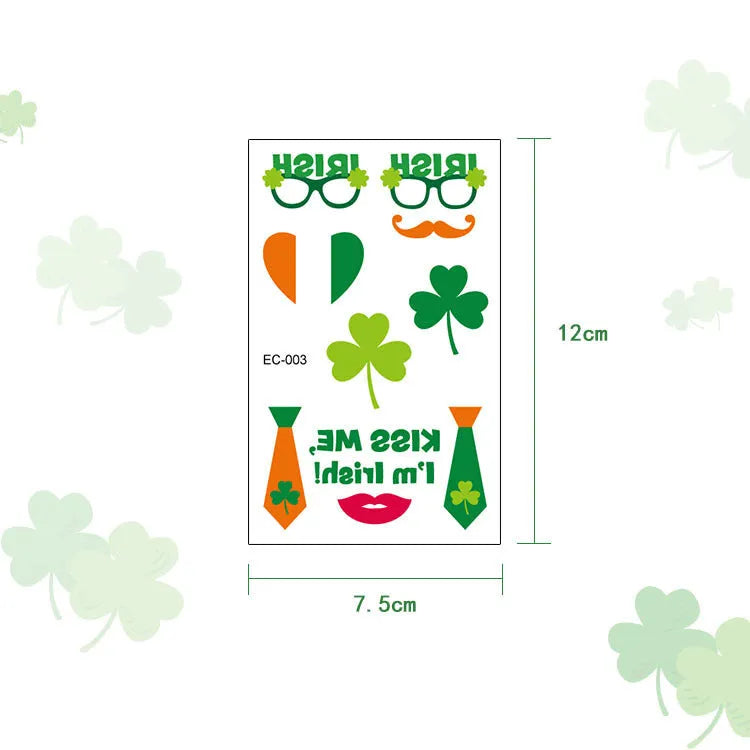 Tattoo sticker paper with St. Patrick's Day shamrock and Irish flag designs measuring 120×75mm
