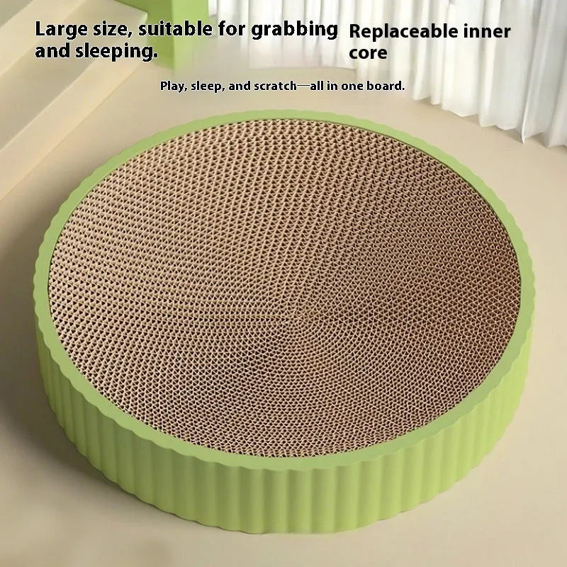 55cm round green cat scratching board with corrugated paper surface and two replacement refill packs