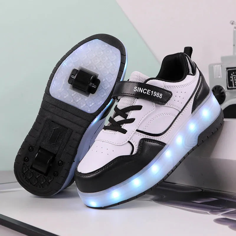 Kids charging flash rollerskates with LED lights in pink black white purple sizes 29-40