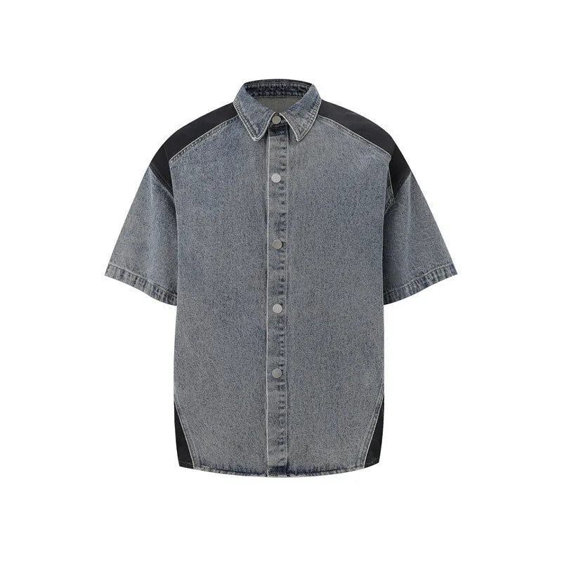 Retro denim suit with short-sleeved jacket and full-length trousers in black or blue street style
