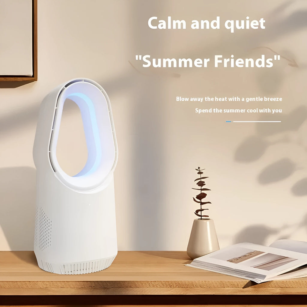 White bladeless tower fan with a slim design standing on a floor, showing a touch screen panel.