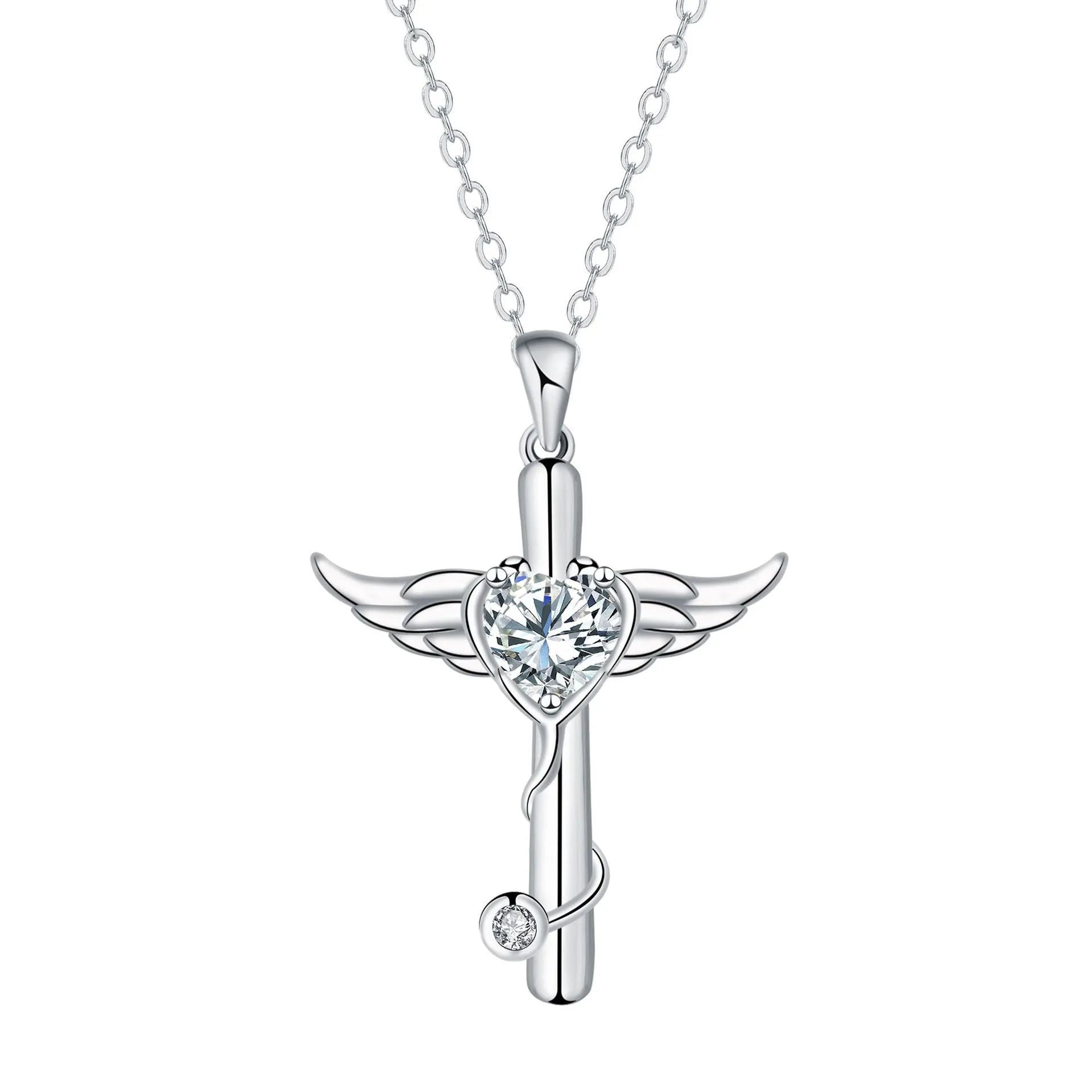 Silver-tone angel wings cross stethoscope necklace with diamond accent on copper chain