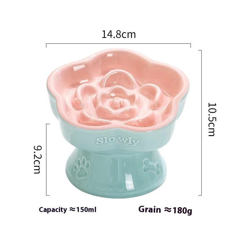 High-foot ceramic pet bowl with chin protector and anti-tumble base design
