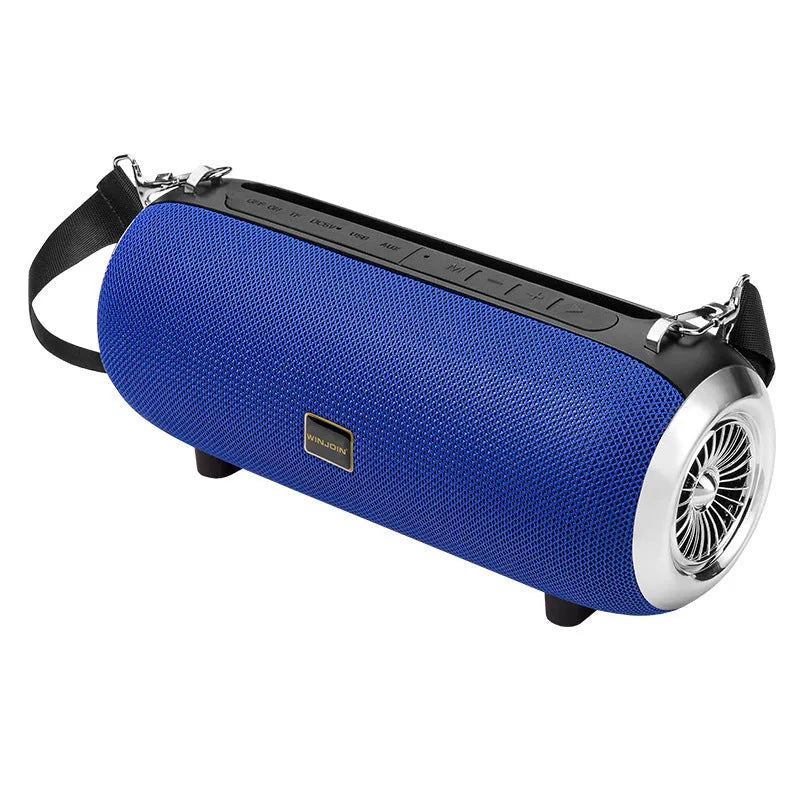 F666 Mini Bluetooth Speaker in fabric mesh finish with retractable FM antenna and shoulder strap attached