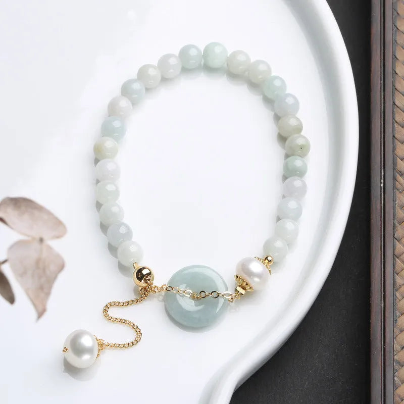 Natural emerald jade peace buckle pearl bracelet with geometric shapes and national style design
