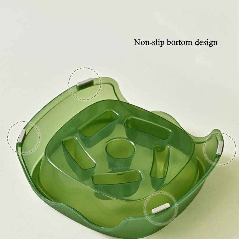 Blue plastic dog slow feeder bowl with anti-choking design on a white background.