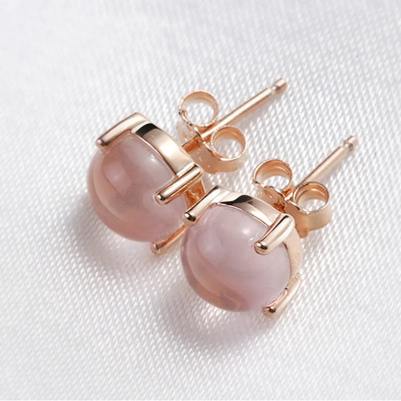 Women's rose gold drop earrings with synthetic rose quartz crystal inlay, Korean-style design