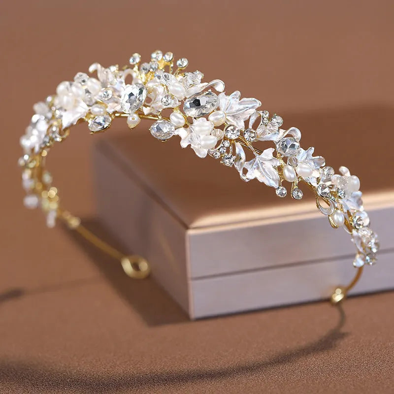 Pearl crown headdress hair accessory for women with electroplated gold finish and European-American style design