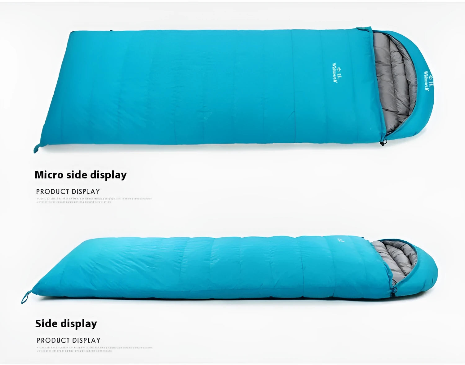Black outdoor sleeping bag with envelope structure and goose down fill on a campsite.