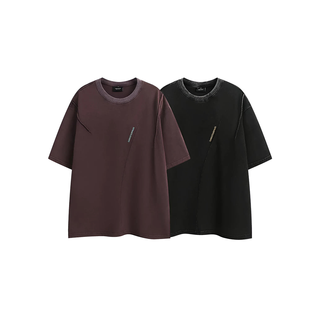 Embroidered washed purple and black loose-fit retro cotton short-sleeved t-shirt.