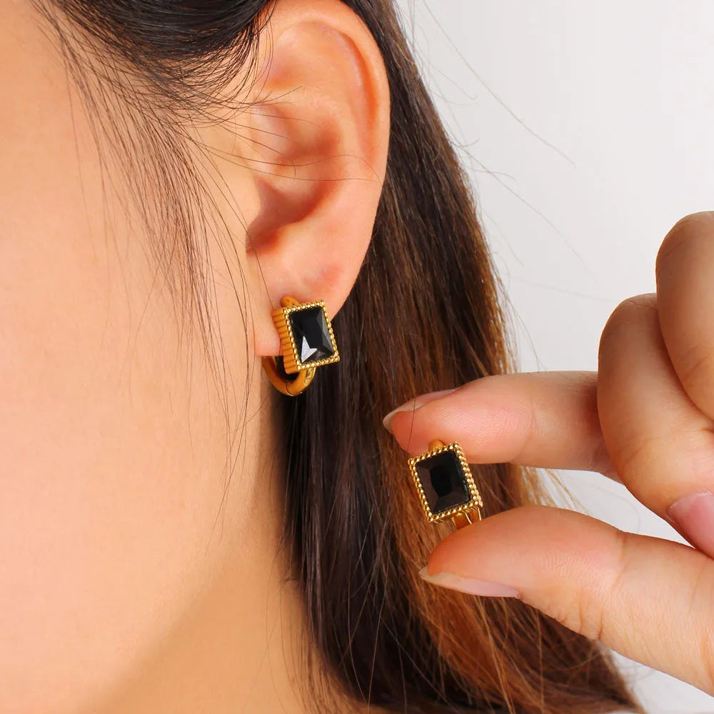 Square geometric zircon earrings in stainless steel with electroplated white, black, or green finish