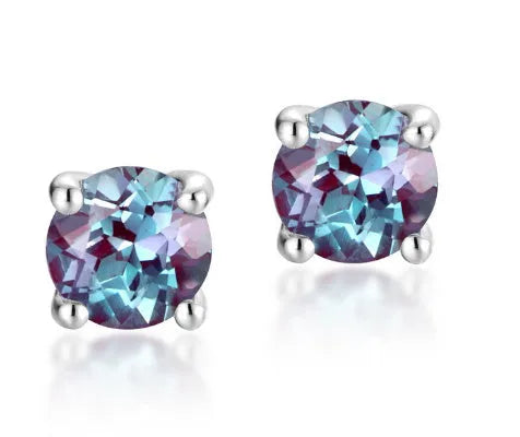 Geometric round silver ear studs with cultivated Alexandrite stone centre