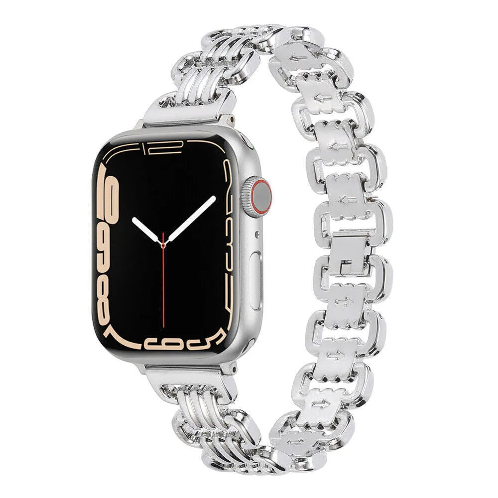 Alloy metal Apple Watch replacement bracelet in silver, black, gold, rose gold, and Starlight colours.