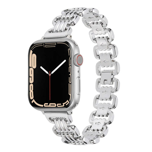 Alloy metal Apple Watch replacement bracelet in silver, black, gold, rose gold, and Starlight colours.