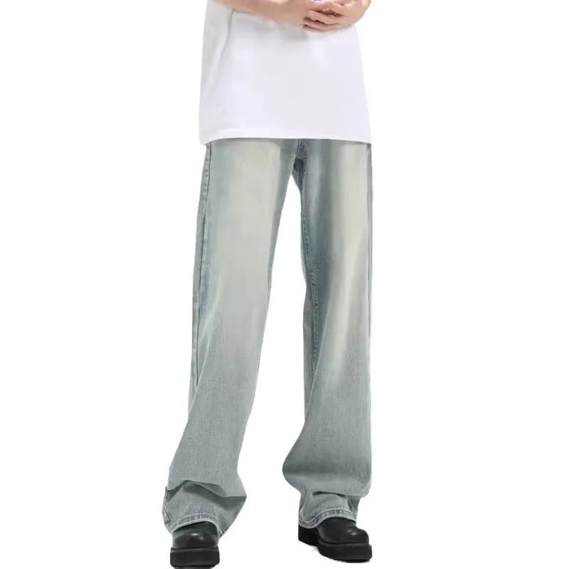 Blue loose-fit retro casual trousers made from rabbit fur fabric on a neutral background.
