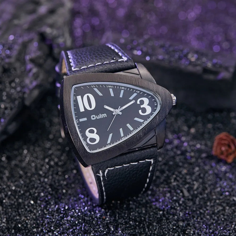 Men's casual quartz watch with triangle belt detail on case and brown leather strap, showing slim 9mm profile.