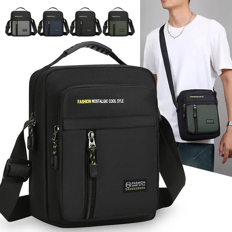 Men's nylon crossbody messenger bag with sewing thread detailing shown in available colours