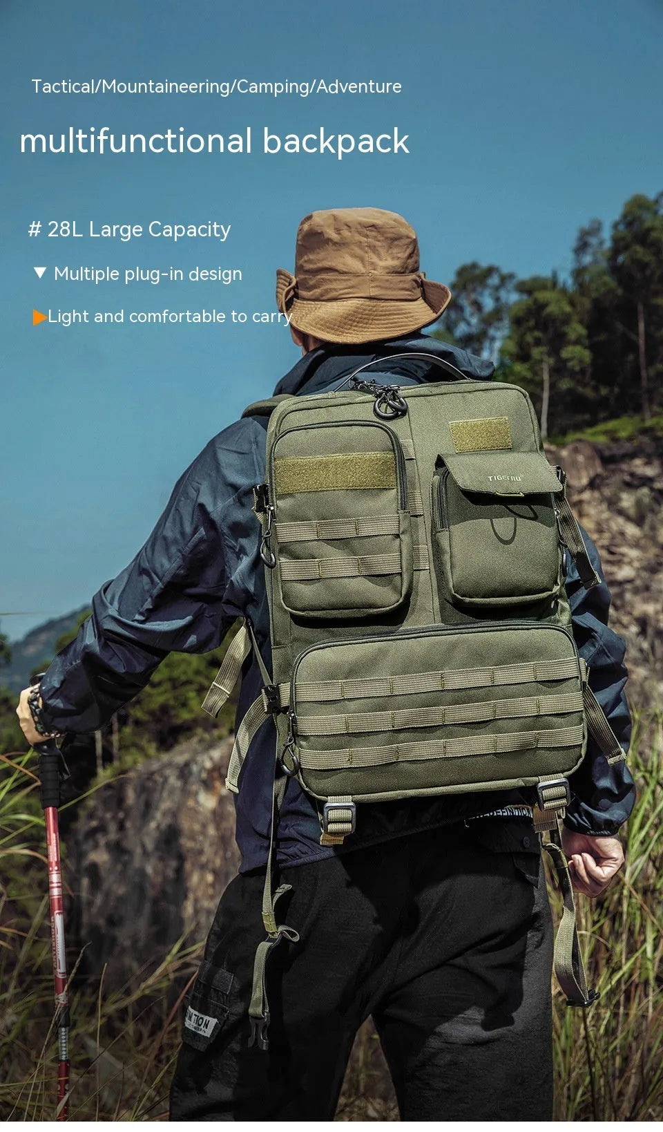 Army Green tactical nylon backpack with 17-inch laptop compartment and 20-35L capacity.