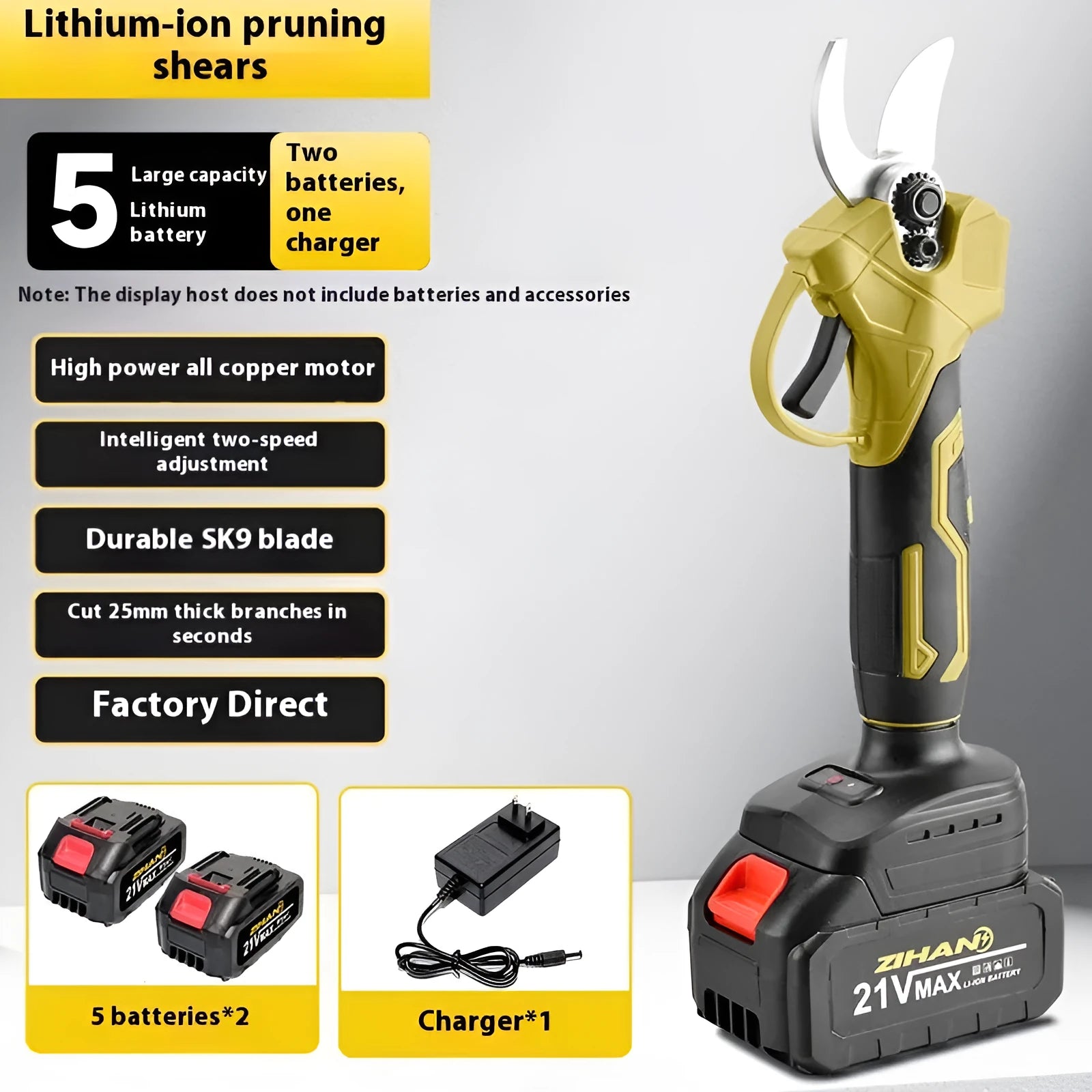 Wireless electric pruning knife and its two lithium batteries in a plastic storage box