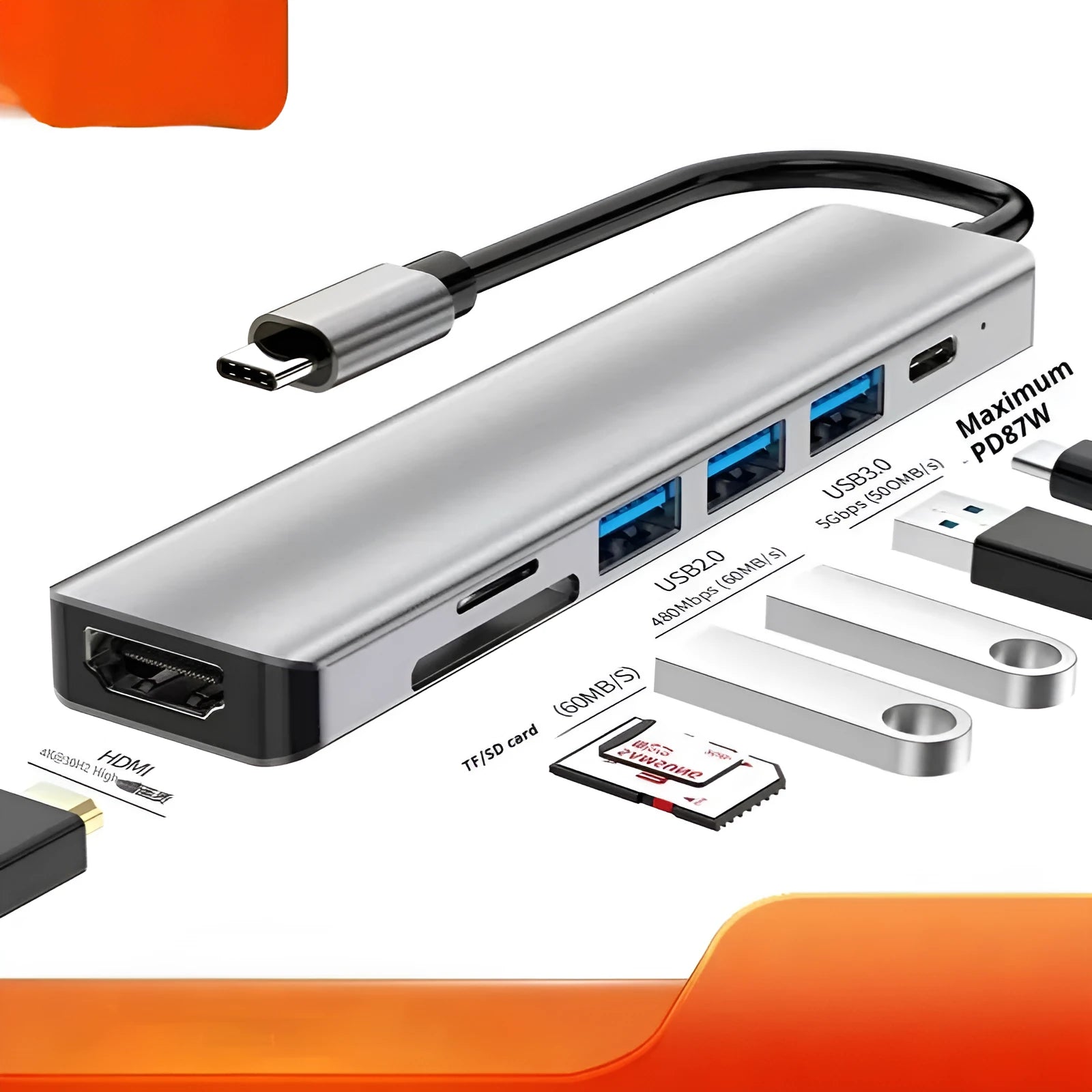 USB-C 7-in-1 expansion dock with HDMI port, USB 3.0 hub, and 15 cm cable for laptop connectivity
