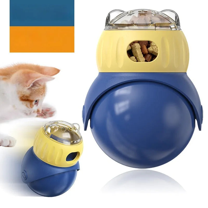 Morandi yellow and blue plastic tumbler owl cat puzzle feeder with food dispensing mechanism