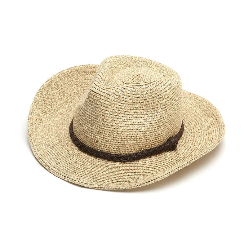 Men's foldable wide-brim straw sun hat in mixed beige shown in three circumference sizes