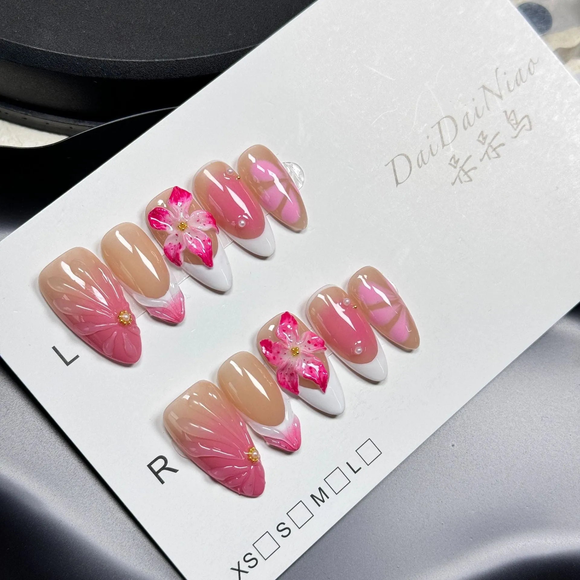 French style manicure set with three-dimensional lily and fluid ice flower plastic decorations