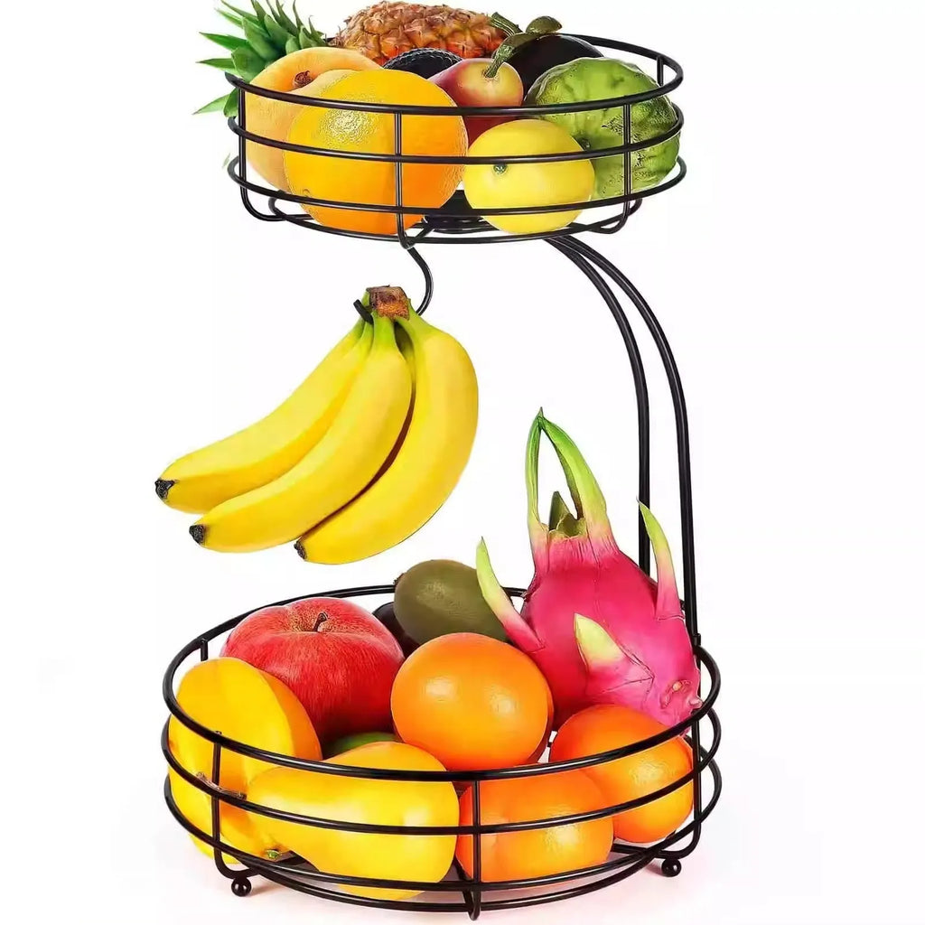 Black wrought iron double-layer fruit basket with two storage tiers for organising fruits and vegetables
