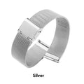 Milani woven stainless steel watch band showing textured metal construction in silver, black, gold, or rose gold.