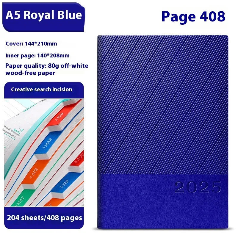 A5 striped PU leather business notepad open on a desk, showing thickened paper, available in eight colours.