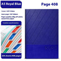 A5 striped PU leather business notepad open on a desk, showing thickened paper, available in eight colours.