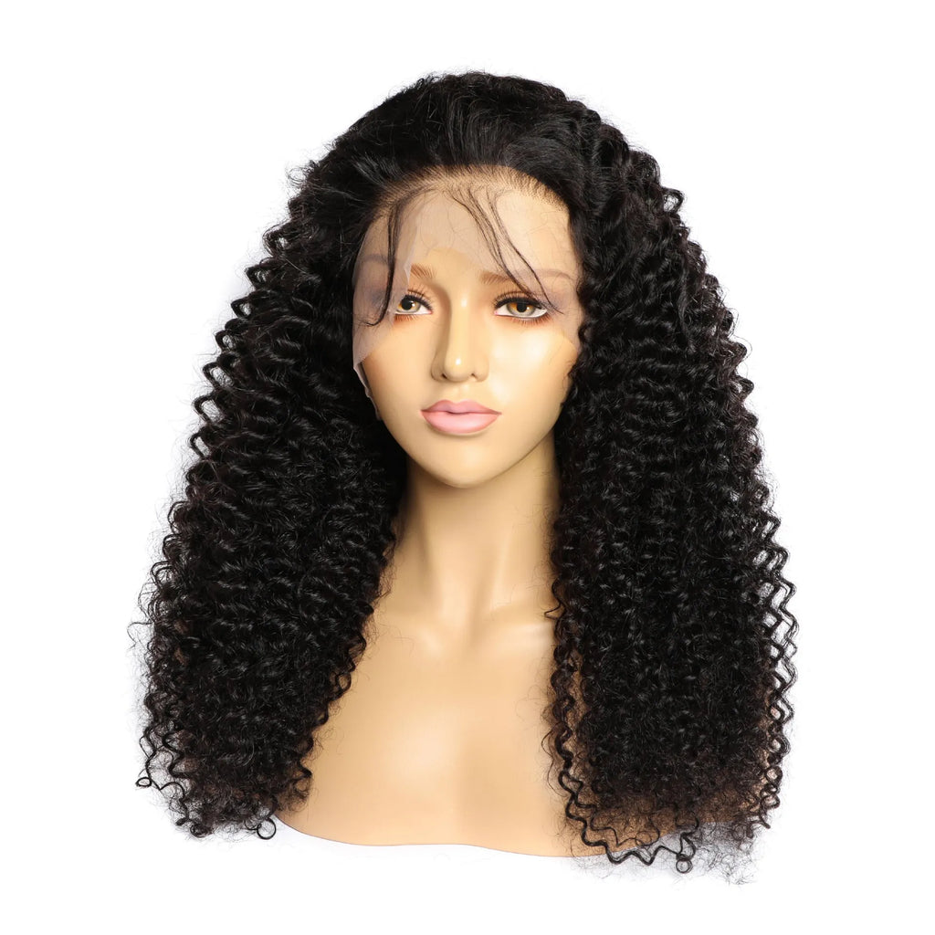 Curly human hair lace front wig showing natural hairline and defined curls