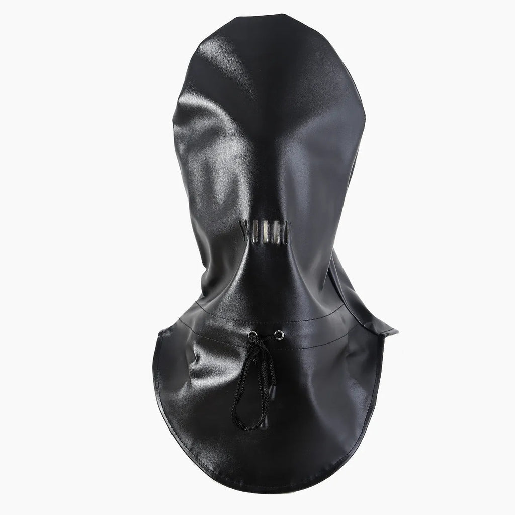 Black leather headgear mask with adjustable straps for adult training and roleplay