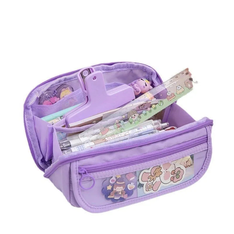 Canvas pencil case with multi-layer flip design in Korean style showing six colour options