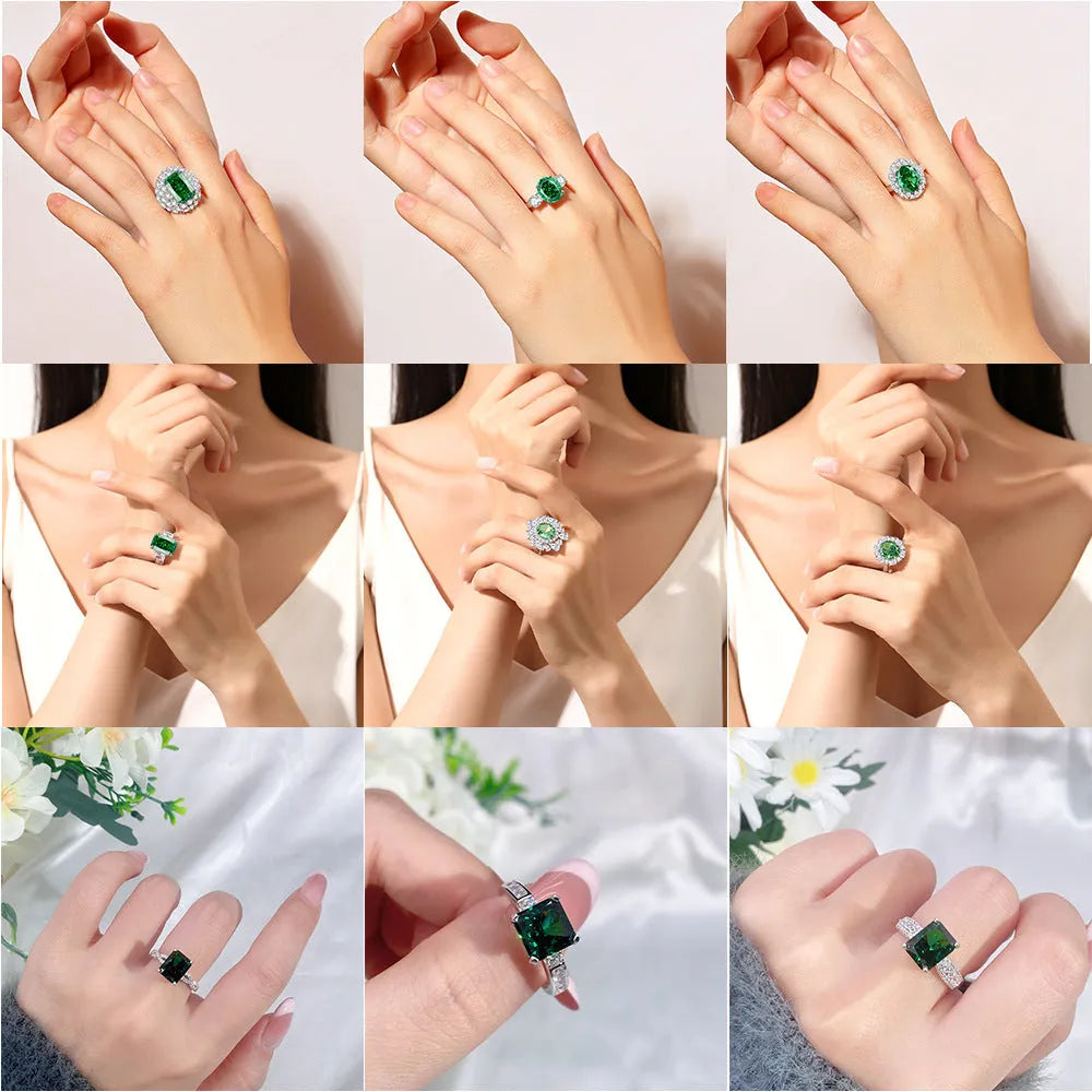 S925 sterling silver emerald ring with inlaid high carbon diamonds in a geometric Palaibahao design on a model's finger.