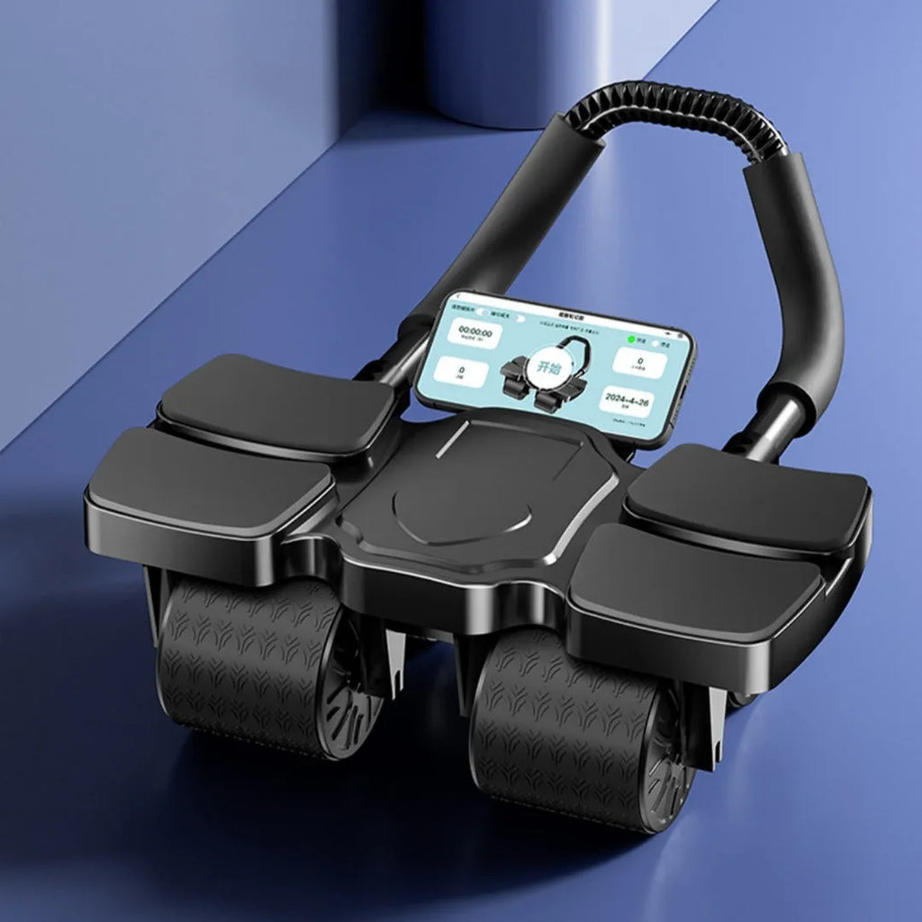 A black abdominal exercise wheel with four wheels and an automatic rebound mechanism.