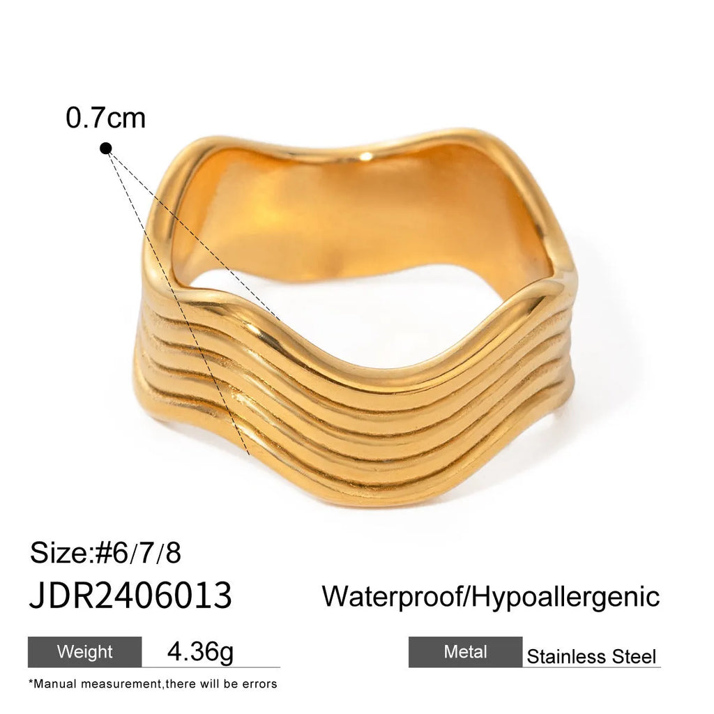 Geometric wave pattern stainless steel ring for women with wide surface design