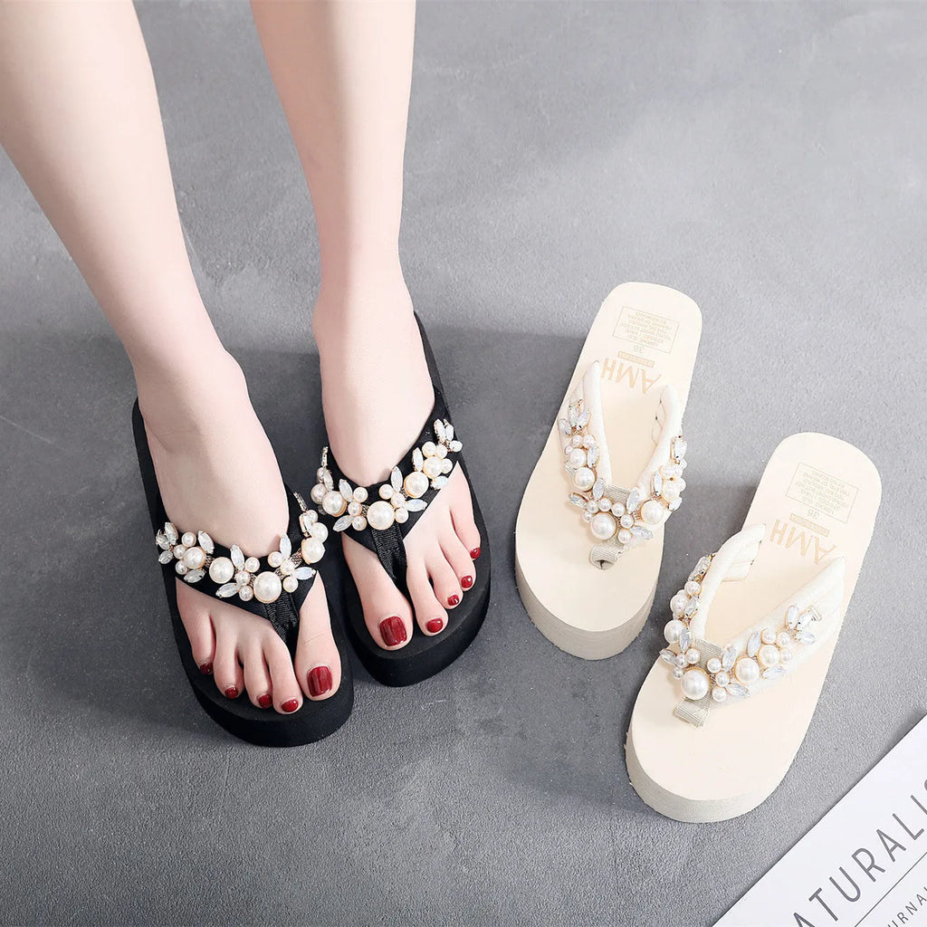 Women's casual high-heeled flip-flop sandals with a cotton cloth upper in beige colour.