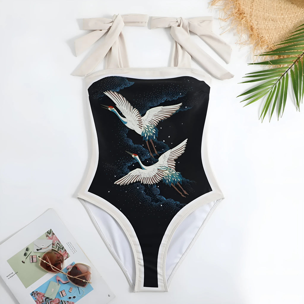 Women's retro one-piece swimsuit with chiffon skirt in floral pattern